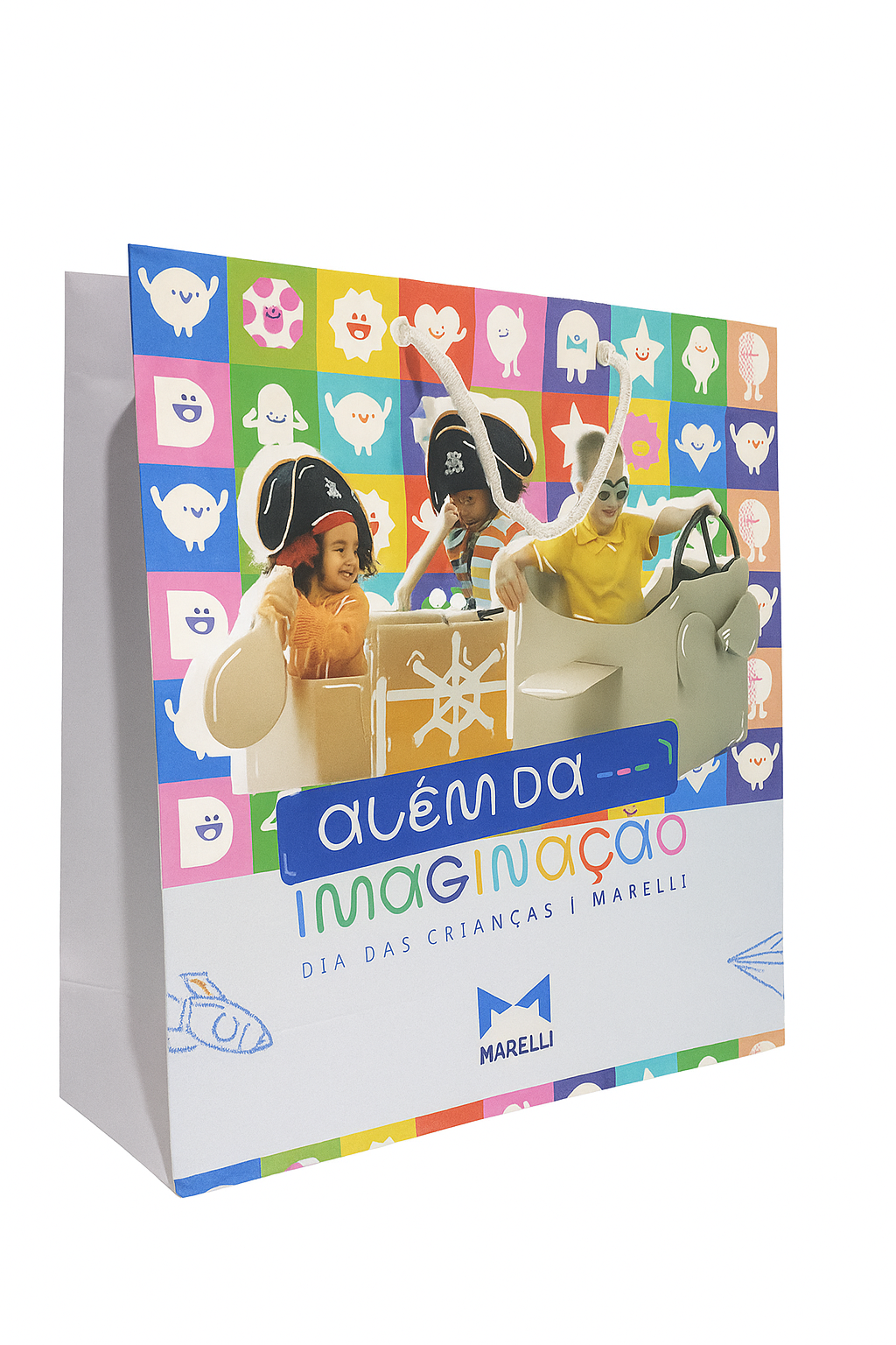 Imagem de referência: composição minimalista e adaptação de campanha em arte para sacolas de papel