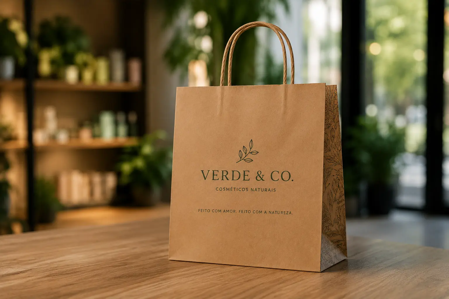 Detalhe visual complementar para papel kraft em sacolas: apresentação para presente