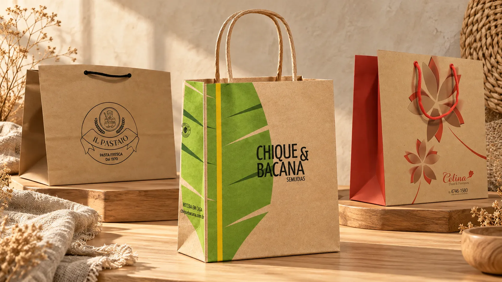 Imagem de referência: apresentação de presentes de sacolas de papel para eventos