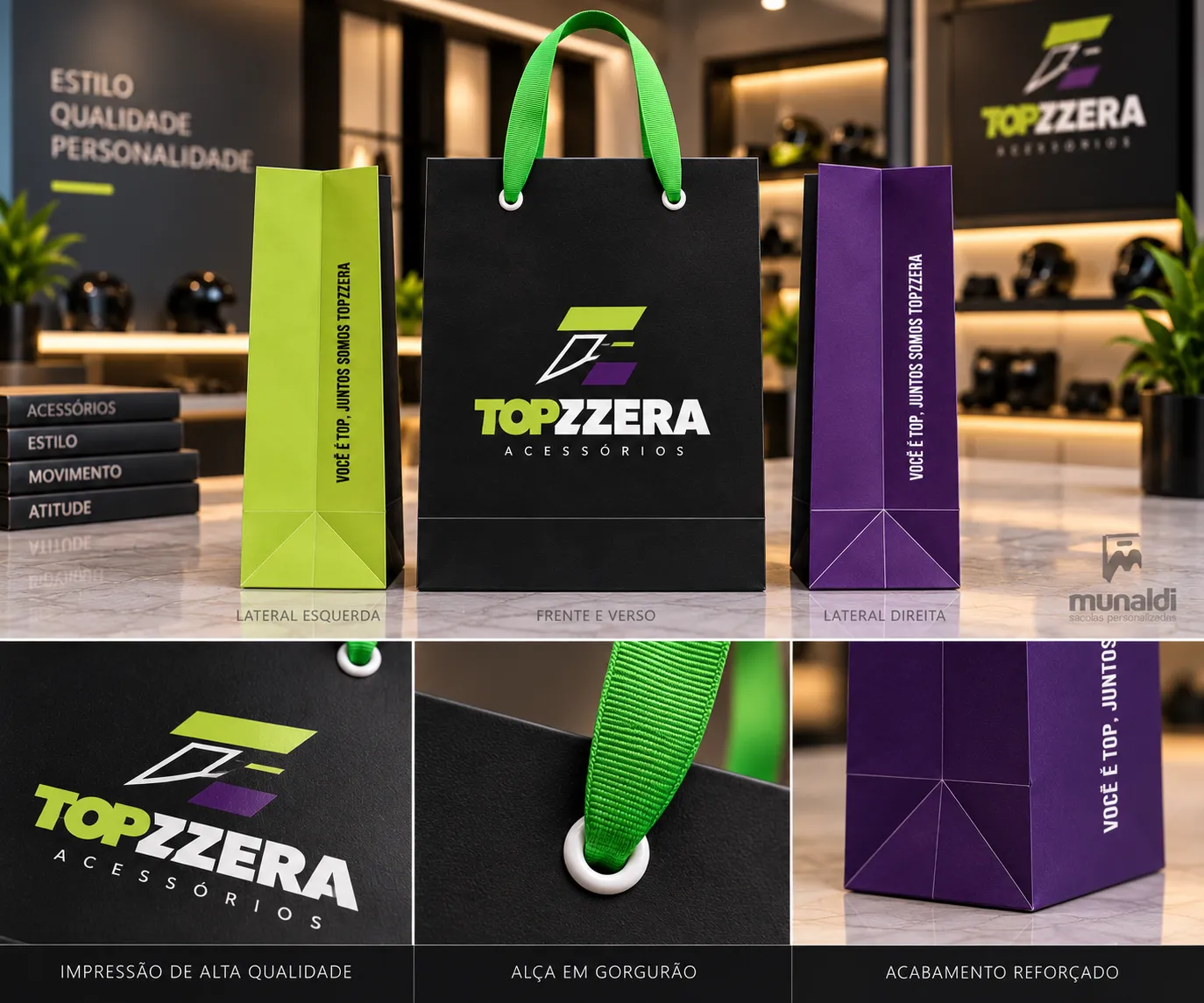Imagem de referência: sacolas de papel para a black friday, com foco em apresentação de presentes e kits