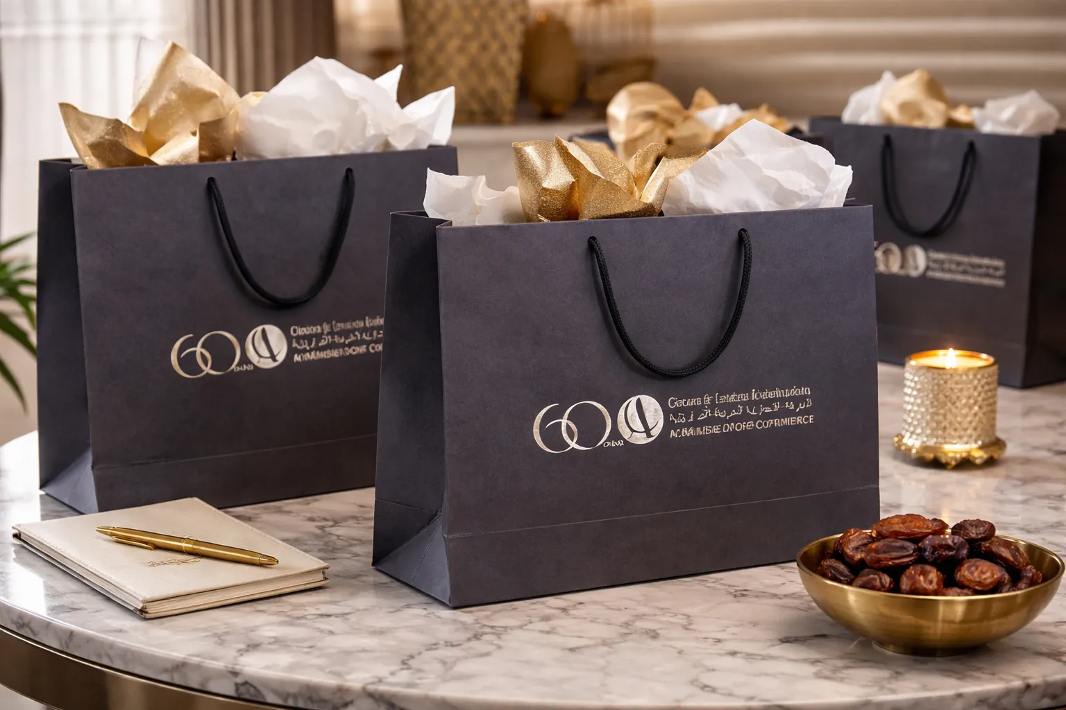 Imagem de referência: sacolas de papel para a black friday, com foco em distribuição em evento