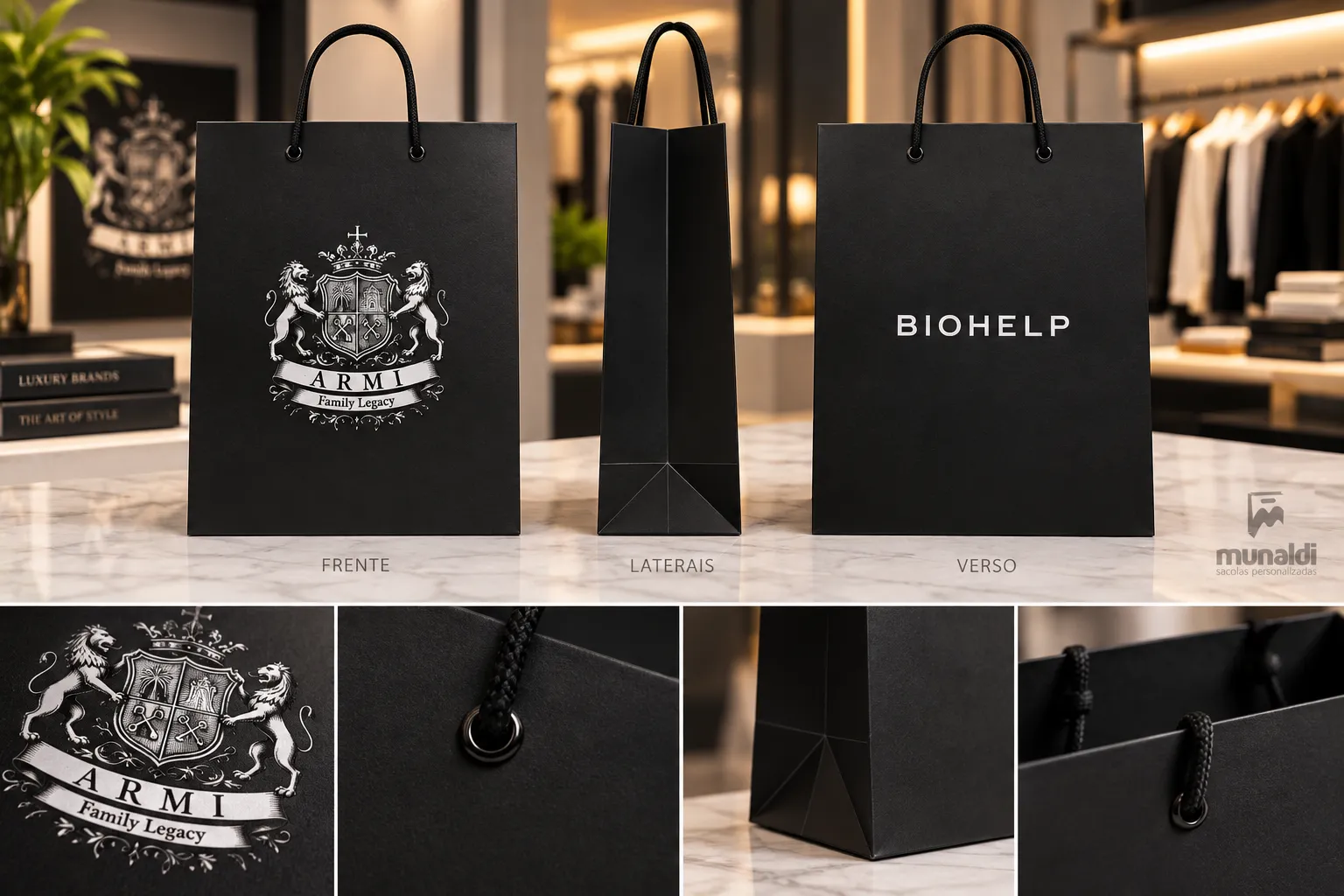Imagem de referência: sacolas de papel para a inauguração da loja, com foco em conteúdo digital da campanha