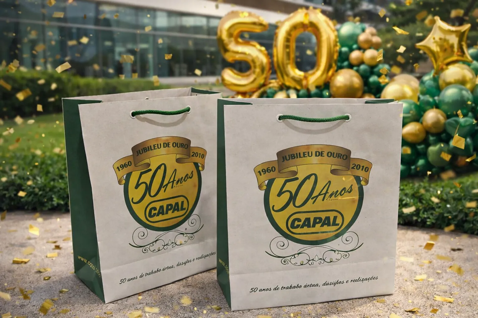 Imagem de referência: sacolas de papel para a inauguração da loja, com foco em distribuição em evento