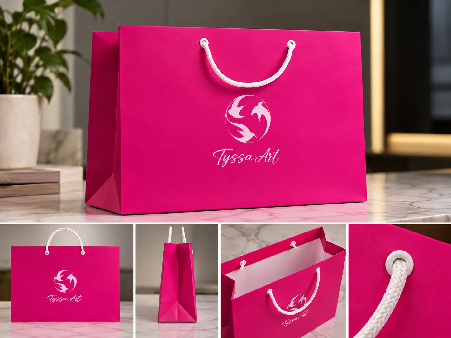 Imagem de referência: sacolas de papel para o aniversário da marca, com foco em apresentação de presentes e kits