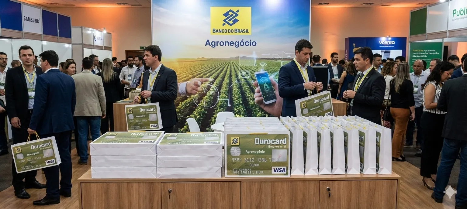 Imagem de referência: sacolas de papel para o aniversário da marca, com foco em distribuição em evento