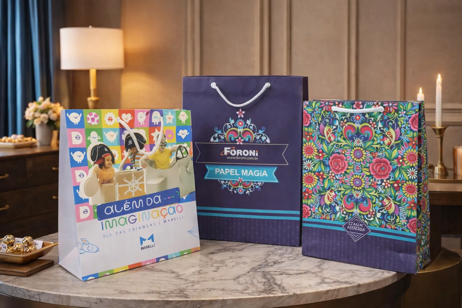 Imagem de referência: sacolas de papel para o aniversário da marca, com foco em planejamento de arte, prazo e quantidade