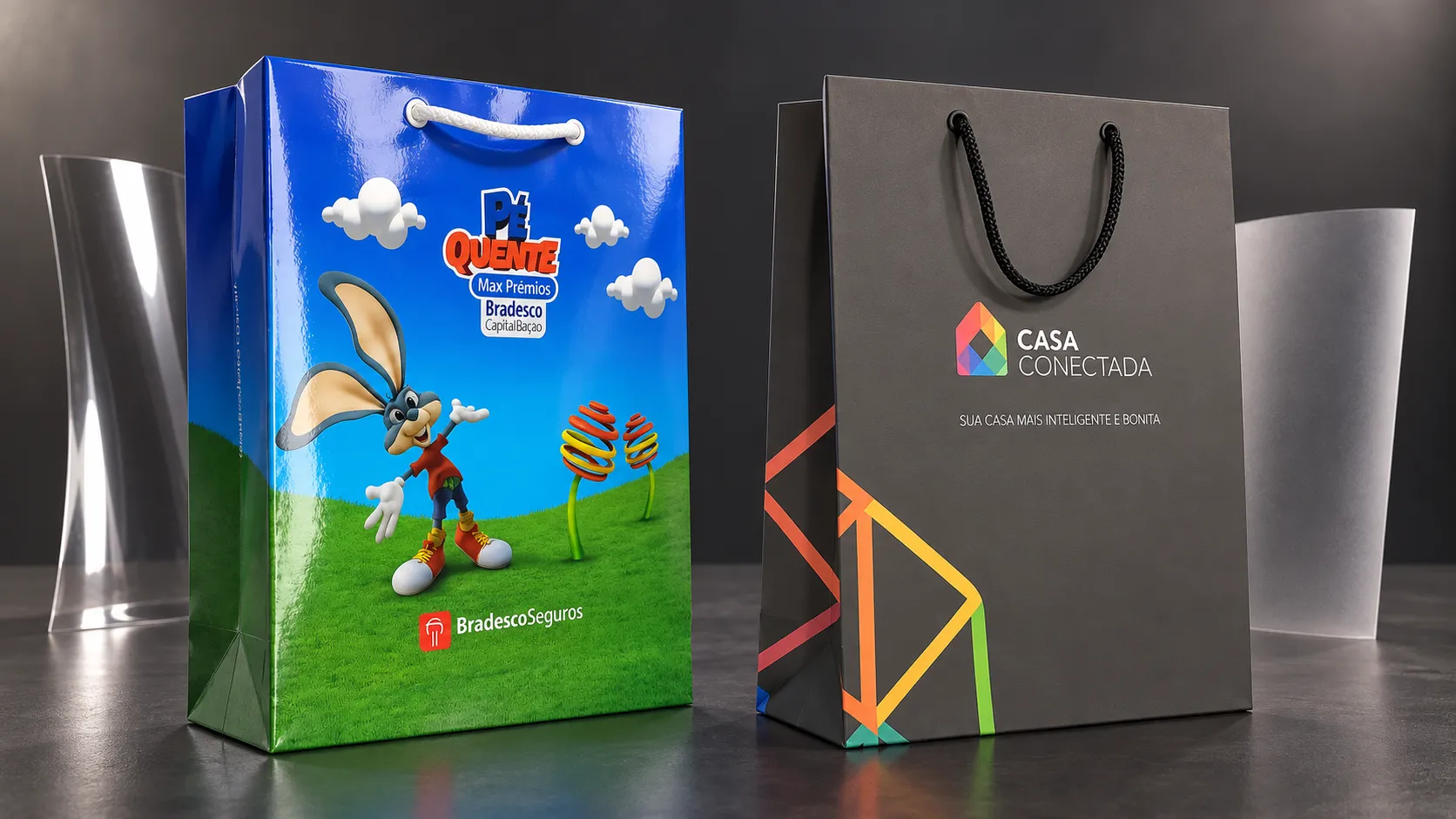 Imagem de referência: sacolas de papel para o dia das mães, com foco em continuidade da comunicação