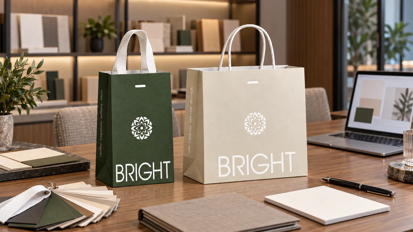 Imagem de referência: sacolas de papel para o dia dos namorados, com foco em visibilidade da marca