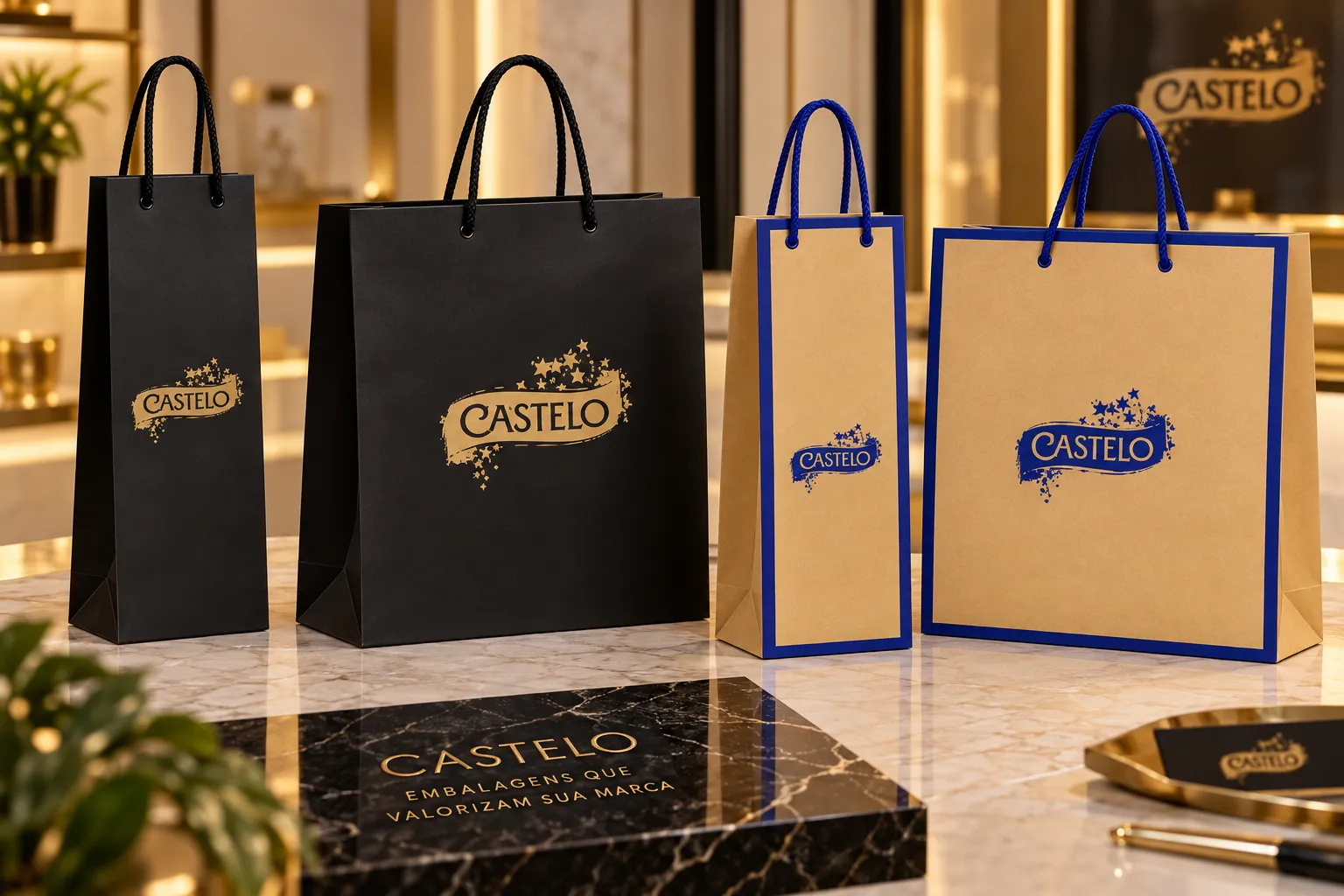 Imagem de referência: sacolas de papel para o natal, com foco em distribuição em evento